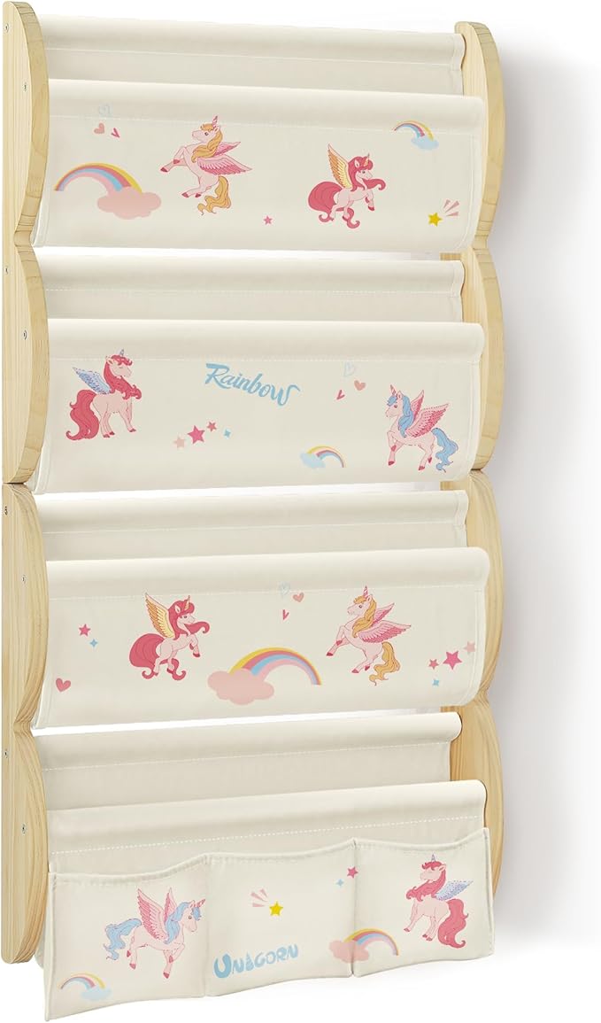 Wooden Wall Mounted Bookshelf for Kids Rooms, 4 Tier Floating Nursery Book Shelf, Kids Bookshelf with 2 Pockets, Toddler Sling Book Rack with Deep Sleeves (Unicorn)