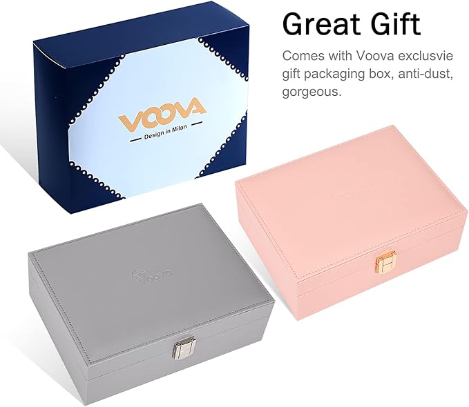 Voova Jewelry Box Organizer for Women Girls, 2 Layer Large Men Storage Case, PU Leather Display Jewellery Holder with Removable Tray for Necklace Earrings Rings Bracelets, Vintage Gift,Grey