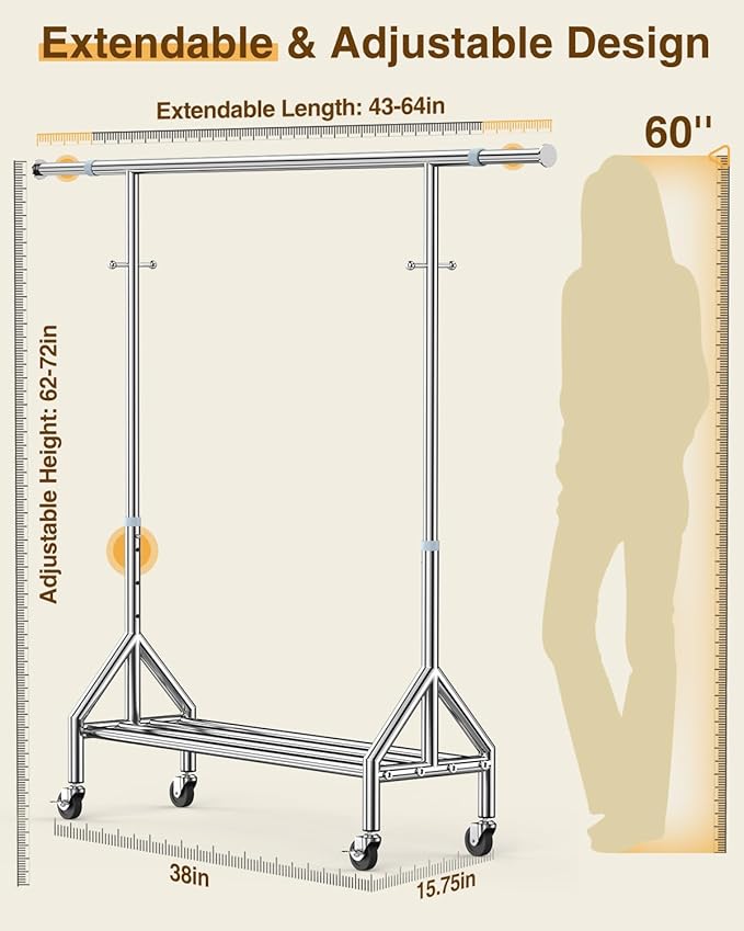 Upgraded 100% Stainless Steel Clothing Rack Load 760LBS, Heavy Duty Clothes Racks with Larger & Sturdy Wheel, Extendable & Adjustable Rolling Garment with Shelves for Hanging Portable Closet Rack