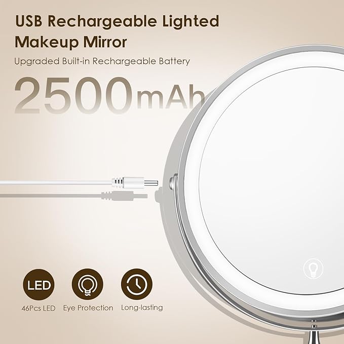 Wall Mounted Lighted Makeup Mirror, 8" Rechargeable Double-Sided Light up Magnifying Mirror 1x/10x, 3 Colors Led Vanity Mirror with Lights, Touch Dimmable 360° Rotation Foldable