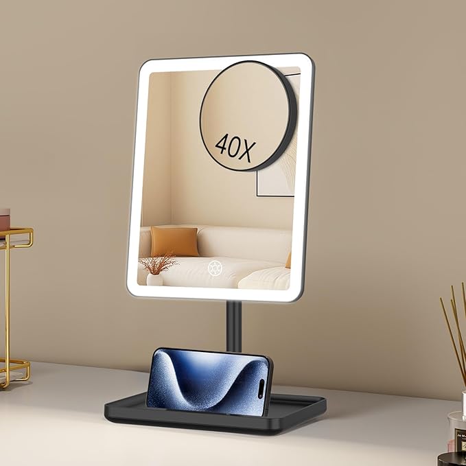 FUNTOUCH Vanity Mirror with Lights for Women Girls, Makeup Mirror Christmas Birthday Gifts for Adult Teen Kid,Detachable 40X Magnification for Vanity Desk Tabletop, Black