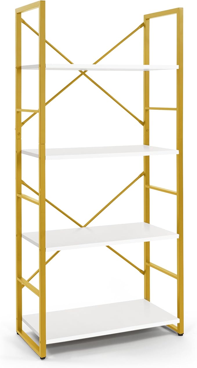 CAPHAUS 4 Tier Bookshelf, Bookcase Shelf Storage Organizer, Living Room, Kitchen, 24 Inch Width Free Standing Shelf, Industrial Book Shelves for Home Office, White Wooden Shelves & Gold Frame
