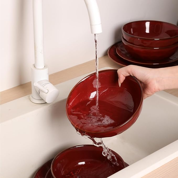 vicrays Ceramic Salad Bowls Set for Kitchen, Serving - 32 Ounce Soup Bowls, Pasta Bowls, Chip Resistant, Dishwasher Microwave Safe, Large, Fluted, Stoneware, Set of 6 (Cherry Red)