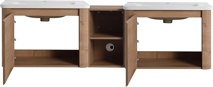 Goujxcy 68 Inch Bathroom Vanity with Sink Combo Modern Floating Vanity Cabinet with Ceramic Vessel Sink and Storage Shelves, Soft Closing Door Design (Imitative Oak)