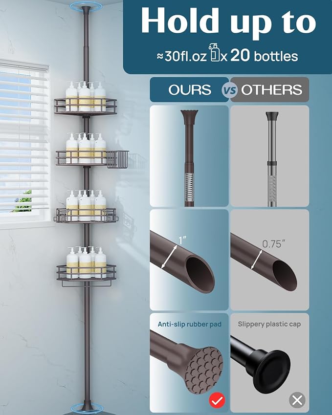 SEIRIONE Corner Shower Caddy Tension Pole, Adjustable Shower Organizer Corner with 4 Shelves, No Drilling Shower Shelf for Inside Shower, Shower Rack for Shower Storage,34 to 116 Inch Height,Bronze