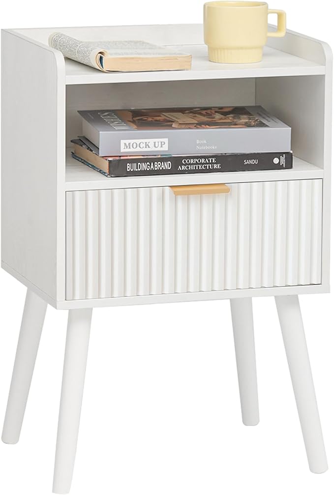 AWASEN White Nightstand, Modern Bedside Table with Fluted Drawers, Small Night Stand Bed Side Table with Solid Wood for Living Room, Bedroom, Office and Small Space (White)
