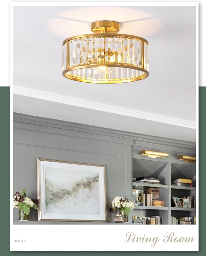 black flush Mount ceiling light, 3- lights caged crystal chandelier, small drum hallway light fixtures ceiling Mount, 14 INCH Brass Gold (3-Lights)