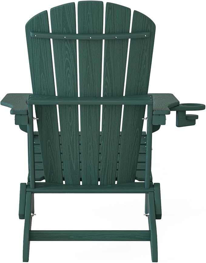 Plawdlik Folding Adirondack Chair, SGS Tested, Wooden Textured with Cup Holder, Heavy All-Weather HDPE Comfortable Set Poolside Backyard Lawn Green Set 2