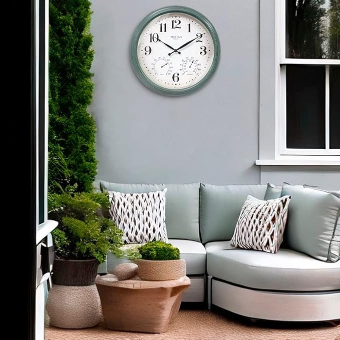 Maison in/Outdoor Clock with Thermometer, 2 in One Weather Station (Weather Thermometer/Wall Decoration) (Aged Teal, 18 inch)