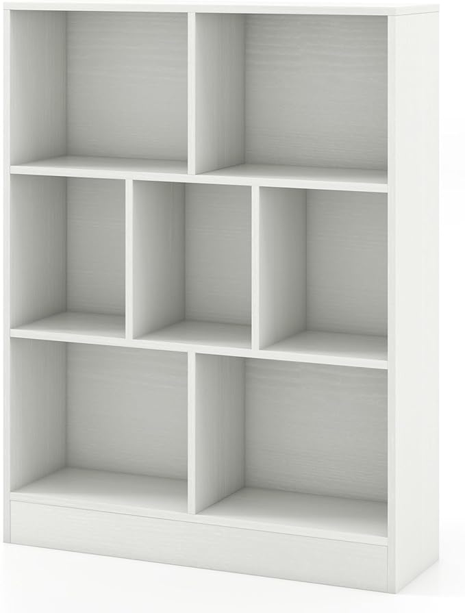 Costzon Wooden Toy Storage Organizer, 7-Cube Kids Bookshelf w/ 2 Anti-Toppling Kits, 3 Tier Open Shelves & Non-Slip Foot Pads, Book Shelf for Kids Rooms, Playroom, Classroom, Nursery (White)