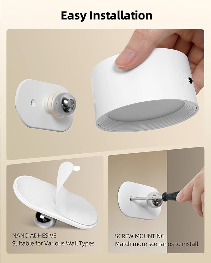 LED Wall Mounted Lights, Rechargeable Wall Sconces Lamp, 3 Color Temps & Remote and Touch, 360°Rotation Dimmable Cordless Wall Light for Study Bedroom Reading Bedside(White, 2 Pack)