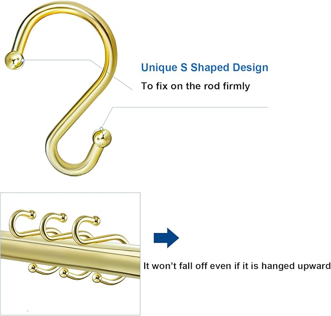 Shower Curtain Hooks Rings, Stainless Steel S Shaped Shower Hooks Rust Proof, Metal Shower Curtain Hangers for Shower Curtains, Kitchen, Wardrobe & Garden, Gold, Set of 12