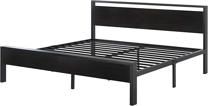 SHA CERLIN 14 Inch King Size Metal Platform Bed Frame with Wooden Headboard and Footboard, Mattress Foundation, No Box Spring Needed, Large Under Bed Storage,Black Oak