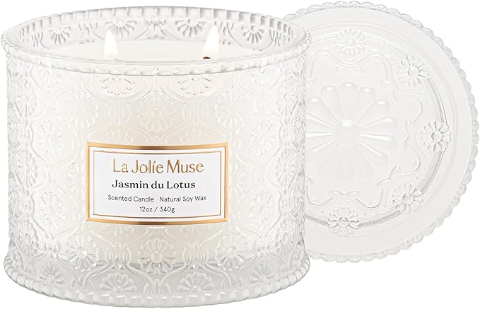 LA JOLIE MUSE Jasmine Candle, Scented Candles for Home, Large 2-Wick Soy Candles, Luxury White Candle Gifts for Women & Men, 60 Hours Long Burning, 12oz