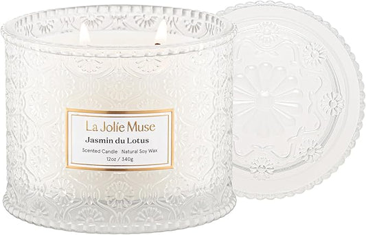 LA JOLIE MUSE Jasmine Candle, Scented Candles for Home, Large 2-Wick Soy Candles, Luxury White Candle Gifts for Women & Men, 60 Hours Long Burning, 12oz
