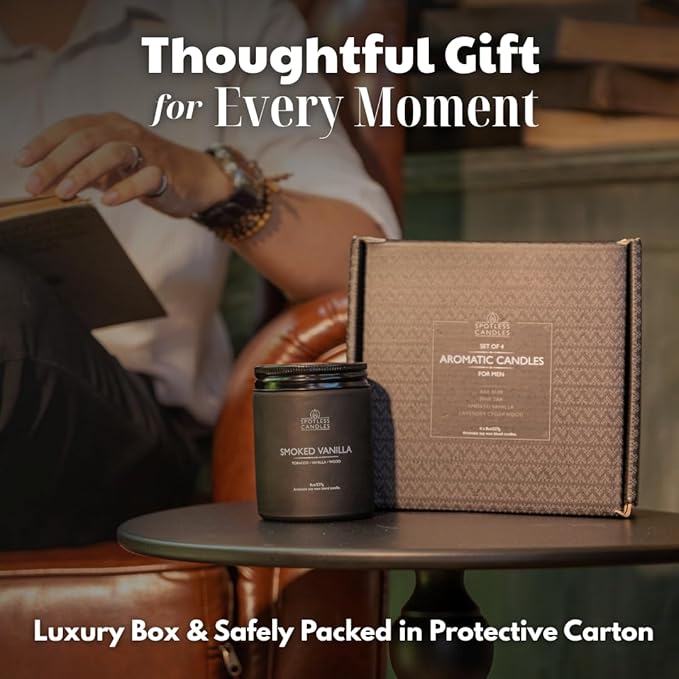 Scented Candles for Men - 200 Hours Burn Time in Gift Box & Protective Shipper - Men Candle Set x 4 - Cedarwood & Lavender/Bay Rum/Pine Tar/Smoke & Vanilla - Spotless Leopard