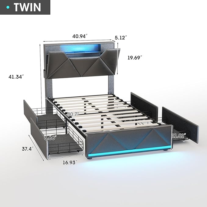 Vabches Twin Bed Frame with Storage Headboard and 4 Drawers,Upholstered Platform with Charging Station and Led Lights,Adjustable Headboard with Pu Leather,No Box Spring Needed,Black