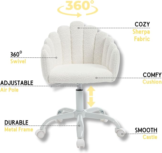 LukeAlon Kids Cute Swivel Desk Chair, Sherpa Child Study Chair with Rolling Wheels and Arms, Comfy Upholstered Height Adjustable Teen Vanity Chair for Home Bedroom School, White, XSXX403KC