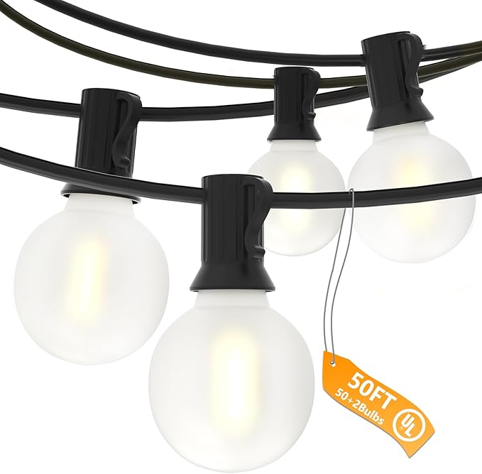 SUNSGNE G40 Outdoor String Lights Waterproof, 50FT Outdoor Hanging Lights with 52 Globe Frosted White LED Bulbs(2 Spare), String Lights for Outside Patio Tent Porch Garden Backyard Balcony Deck Decor