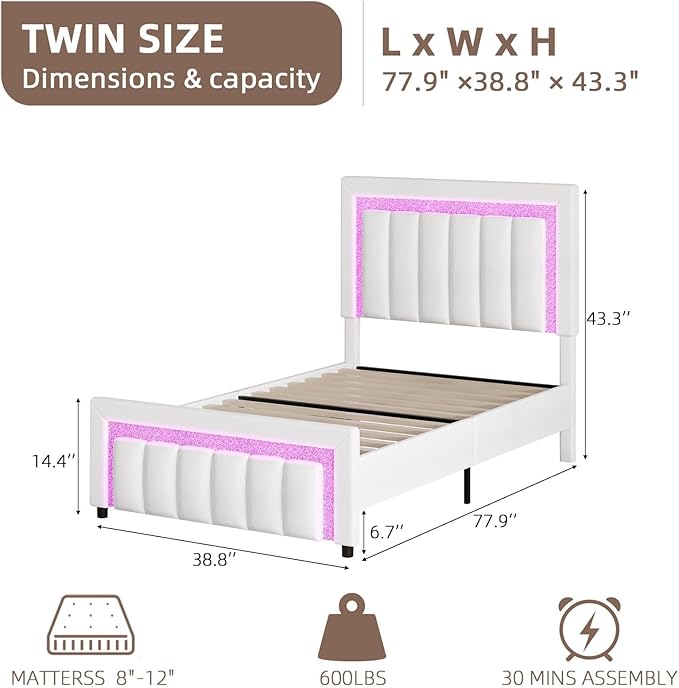 HOMBCK Twin Bed Frame with LED Lights and Velvet Upholstered Headboard, Bed Frame Twin Size with Modern Diamond Headboard Adjustable, Wooden Slats Support, Noise Free, No Box Spring Needed, White