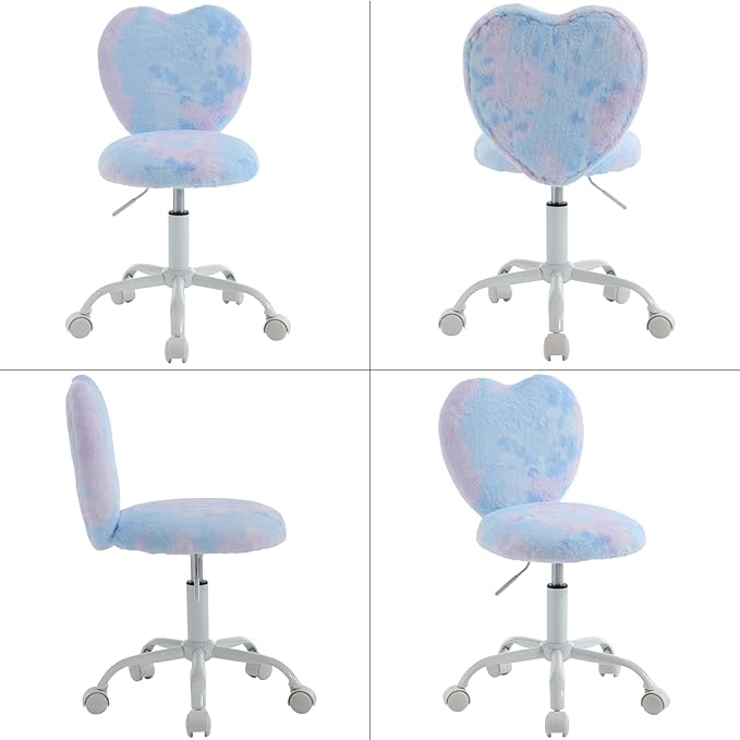 Cute Fuzzy Kids Chair for Children Rolling Study Desk Student Chair for Child Furry Computer Task Chair, Adjustable Heart Shaped Reading Desk Chairs for Bedroom Study,Babay Blue