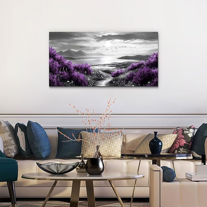Canvas Wall Art for Living Room Large Wall Decor for Bedroom Modern Office Wall Decoration Purple Flowers Landscape Paintings Black and White Scenery Pictures Artwork Aesthetic Home Decor