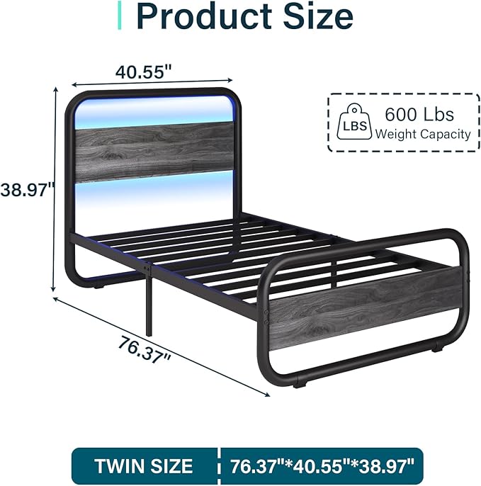 Catrimown Twin Size Bed Frame with LED Light and Wood Headboard, Heavy Duty Metal Rustic Platform Bed Frame with Under Bed Storage, Noise Free, No Box Spring Needed, Wash Gray