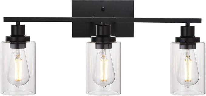 MELUCEE Bathroom Vanity Light Fixtures 24 Inches Length 3 Lights Wall Sconce Black with Clear Glass Shade for Bedroom Living Room Hallway Kitchen (Patent No.: US D963914 S)