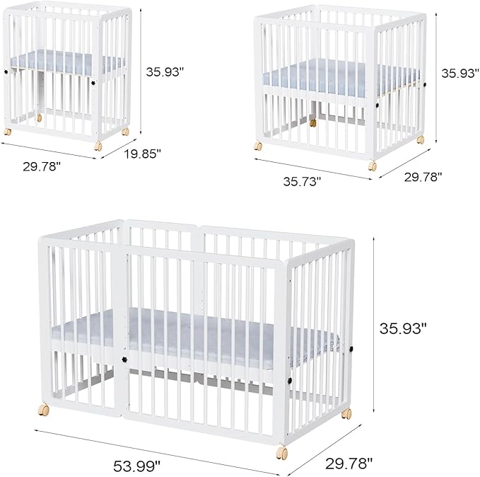 JOYMOR 8 in 1 Convertible Crib with Changer, Include 2” Mattress, Converts to Bassinet, Mid Crib, Full Size Crib, Daybed,Toddler Bed and Playard (Crib, White)