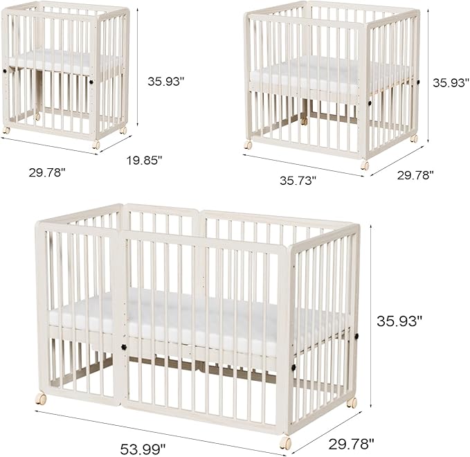 JOYMOR 8 in 1 Convertible Crib with Changer, Include 2” Mattress, Converts to Bassinet, Mid Crib, Full Size Crib, Daybed,Toddler Bed and Playard (Crib, Washed Natural)