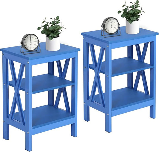 VECELO End Table Set of 2, Bedside Table, 24" Tall Living Room End Tables, X-Design Reinforced Nightstands, Side Table with 3-Tier Storage Shelves for Small Spaces, Office, Bedroom, Dark Blue