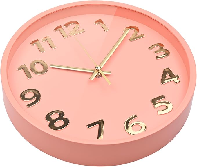 Pink Wall Clock 10 Inch Battery Operated Analog Easy to Read for Kids/Women/Girls Bedroom Home,Large 3D Numbers