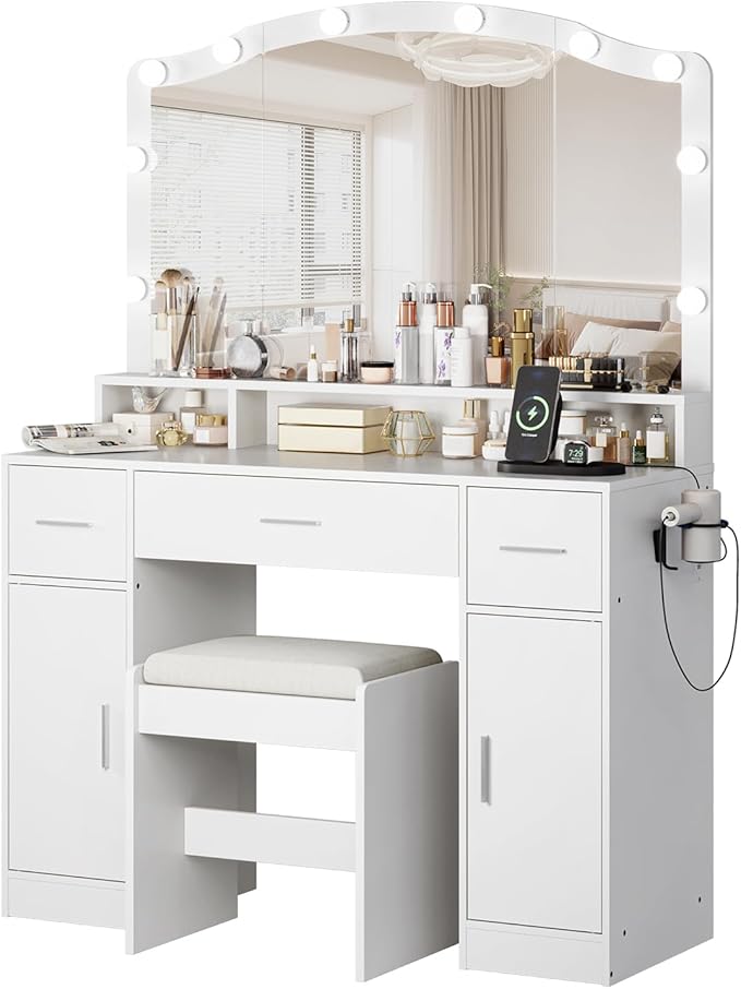 White Makeup Vanity Desk with LED Lights and Stool, Complete Dressing Table with 3 Drawers, 2 Cabinets & Long Shelf, Storage Organizer for Bedroom, Women and Girls