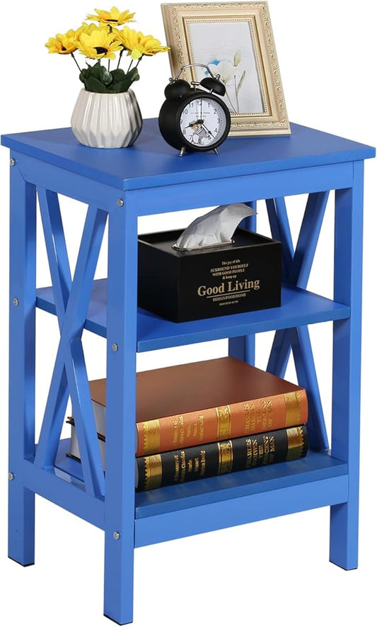 VECELO End Table, Bedside Table, 24" Tall Living Room End Tables, X-Design Reinforced Nightstands, Side Table with 3-Tier Storage Shelves for Small Spaces, Office, Bathroom, Bedroom, Dark Blue