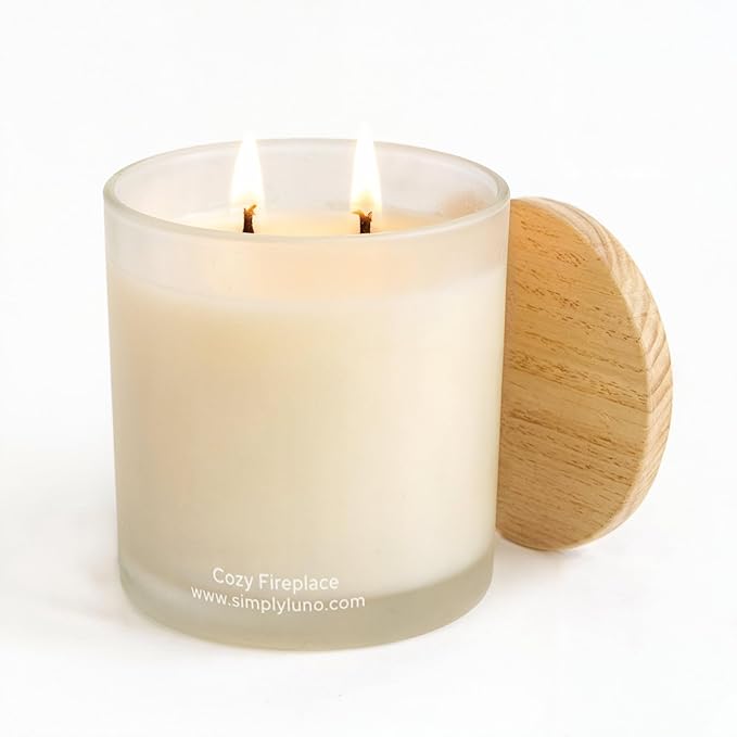 Cozy Fireplace Scented Candle – 14oz Soy Wax with Sandalwood & Mahogany – Long Lasting 50+ Hour Burn – Eco Friendly & Hand Poured – Luxury Gift Box in Reusable Jar with Bamboo Lid