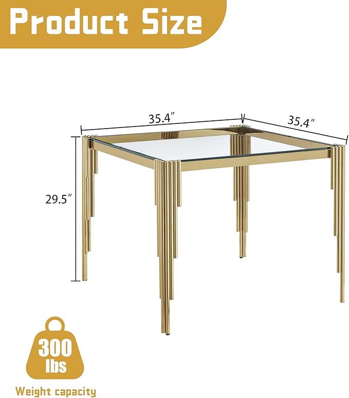 35" Square Glass Dining Table, Modern Tempered Glass Kitchen Table with Stainless Steel Legs for 2-4, Stylish Gold Dinner Table for Home Office, Kitchen, Living Room
