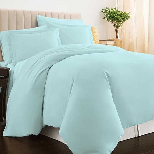 Pizuna Pure 100% Cotton Queen Duvet Cover Set, Luxurious 400 Thread Count Long Staple Cotton Sateen Weave with Button Closure (Combed Ice Aqua Cotton Duvet Cover Queen)