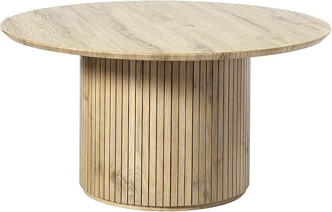 HULALA Home Round Coffee Table, Wood Coffee Table with Vertical Slat Base, Modern Coffee Table for Living Room and Lounge Room,Oak