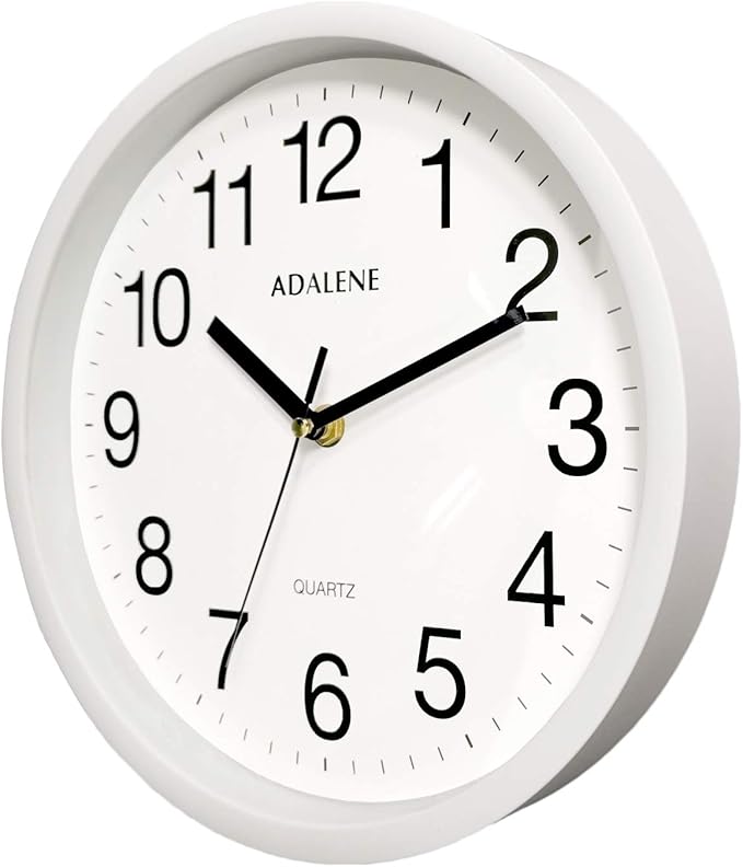 Adalene 10 Inch White Wall Clock Battery Operated Non Ticking - Completely Silent Wall Clock for Kitchen Office School Classroom Bedroom Bathroom