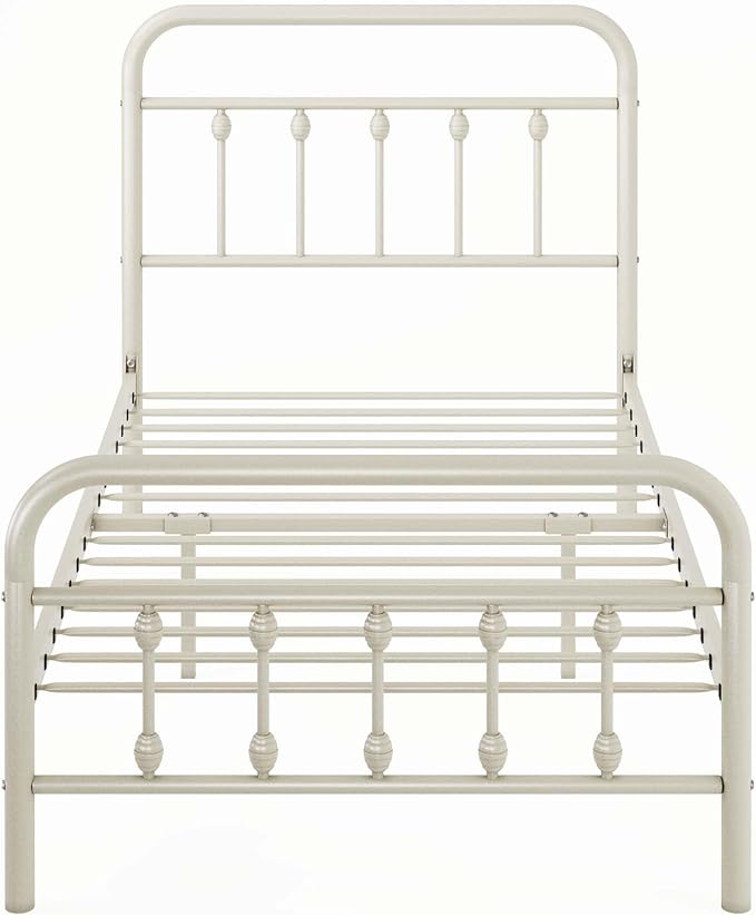 Allewie 14 Inches Twin Size Metal Platform Bed Frame with Victorian Style Iron-Art Headboard/Footboard, Mattress Foundation, Easy Assembly, Under Bed Storage, No Box Spring Required, White