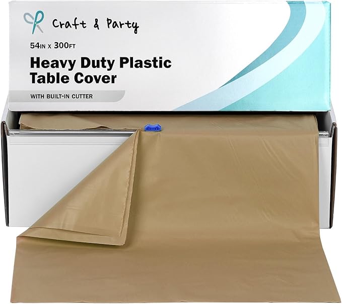 Craft And Party, 54 in x 300 feet Plastic Table Cover Roll for Party, Banquet, Picnic, Kids Activities for Any Size and Shape Table (Gold, 54" x 300ft)