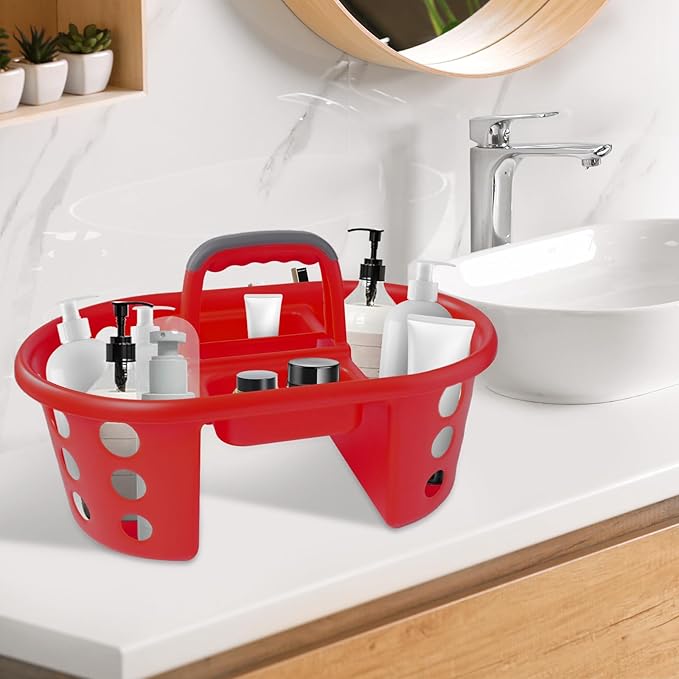 Large Shower Caddy Portable 2PC - Made in USA Plastic Jumbo Size Dorm Storage Candy Tote with Handle Shower Organizer for Bathroom, Pantry, Kitchen, College Dorm, Red