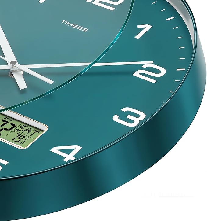 Wall Clock, 10" Dial Non-Ticking Silent Battery Operated Analog with LCD Display for Perpetual Calendar and F° Temperature, Ideal Modern Home, Office Decor (Green)