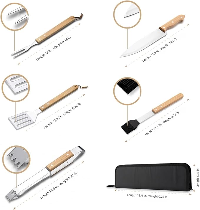 Grill Tools Set Stainless Steel, Grill Utensils Set with Wood Handles, Barbecue Tools Set for Outdoor, Ideal Grill Kit for Cooking. (5A)