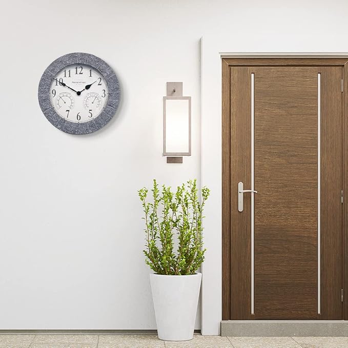 Presentime & Co Sandstone Outdoor Clock with Thermometer & Hygrometer as All in one Weather Station, 14", Gray Sandstone Finish. Weather Thermometer, Outdoor Décor, Wall Décor.