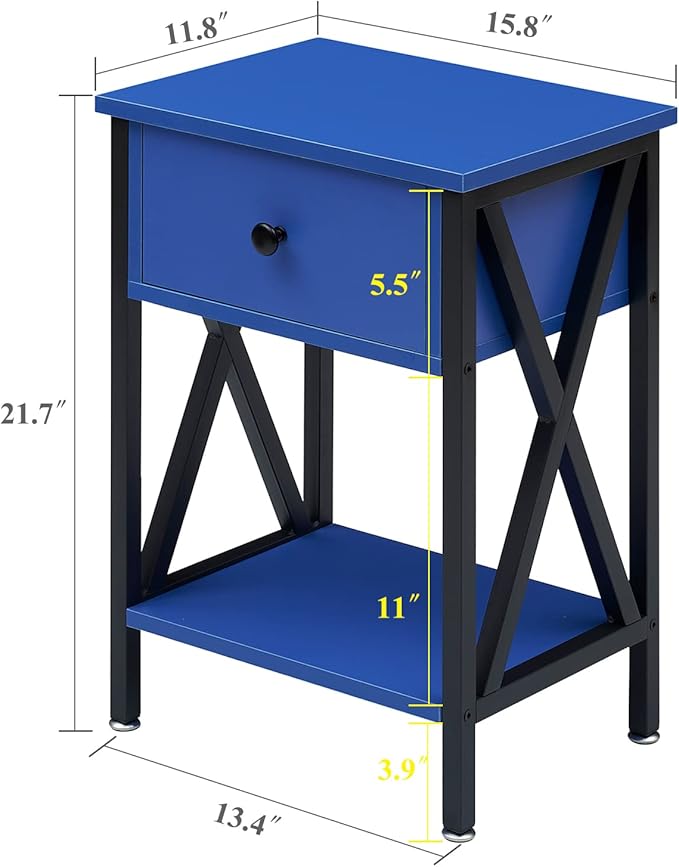 VECELO Nightstand,Modern Bedside End Table, Night Stand with Drawer and Storage Shelf for Living Room Bedroom, Industrial Metal Frame