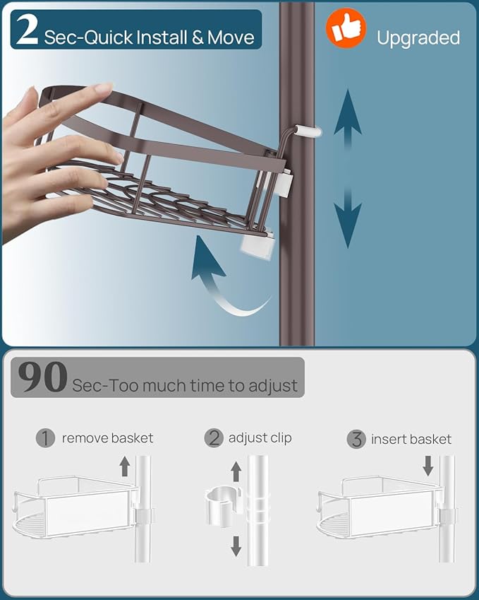 SEIRIONE Rustproof Shower Corner Caddy Organizer for Bathroom,Tension Pole with 4 Baskets, for Bathtub Storage Rack, 34 to 116 Inch Height, Bronze