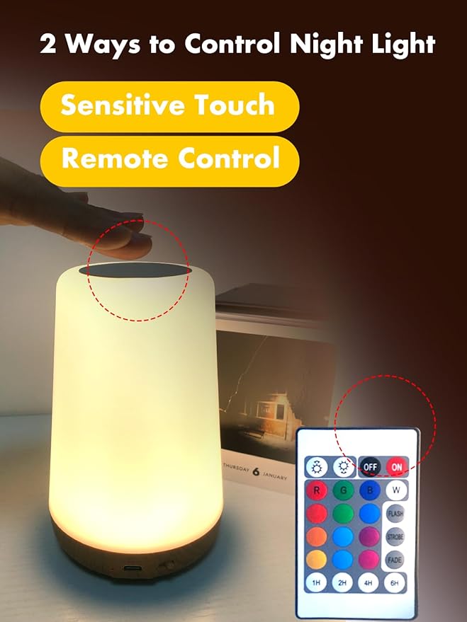 TLAOTNIY Baby Night Light, Dimmable Touch Lamp for Nursery, Portable Rechargeable Bedside Table Lamp for Bedroom, 5 Brightness&13 RGB Colors, Night Lamp for Kids Living Room Bathroom Hallways 2Pack