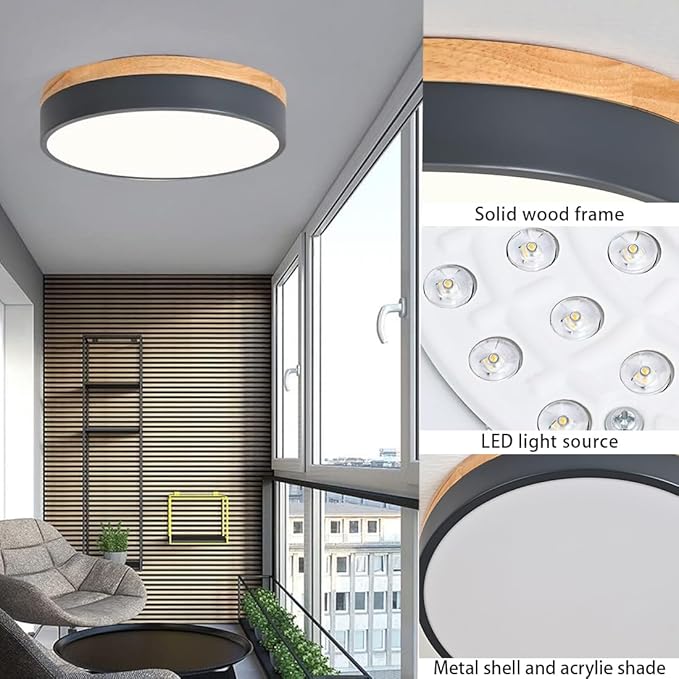 Dimmable Wood LED Ceiling Lights, Modern 2700K-6000K 5CCT Round Grey Flush Mount Lighting Fixture, Minimalist Ceiling Lamp for Bedroom, Kitchen, Hallway, Laundry Room-11.8in