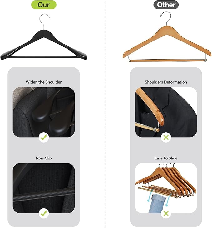 Solid Wood Suit Hangers, 10 Pack, Coat Hangers with Non Slip Trouser Bar, 360° Swivel Hook, Heavy Duty Wide for Suit, Coat, Jacket, Trousers, Pants,17.3" W x 9" H, Black AWY0410B